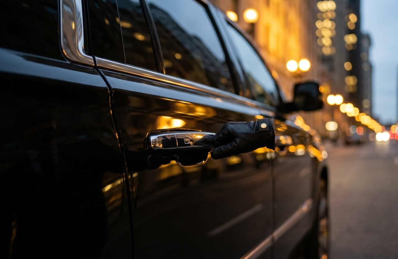 City reflection on the door of a black SUV