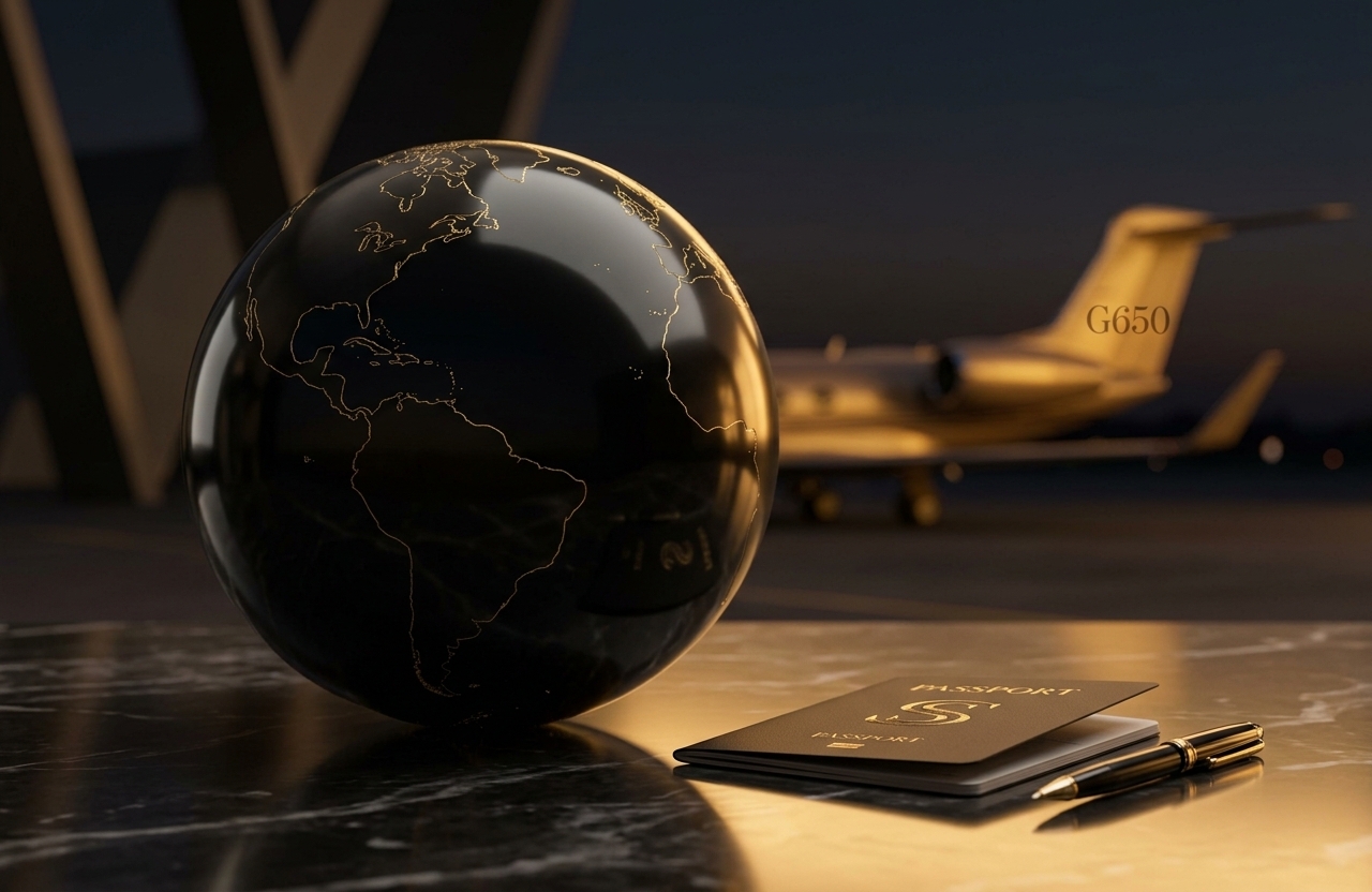 Obsidian globe and a passport on the floor inside a private jet hangar