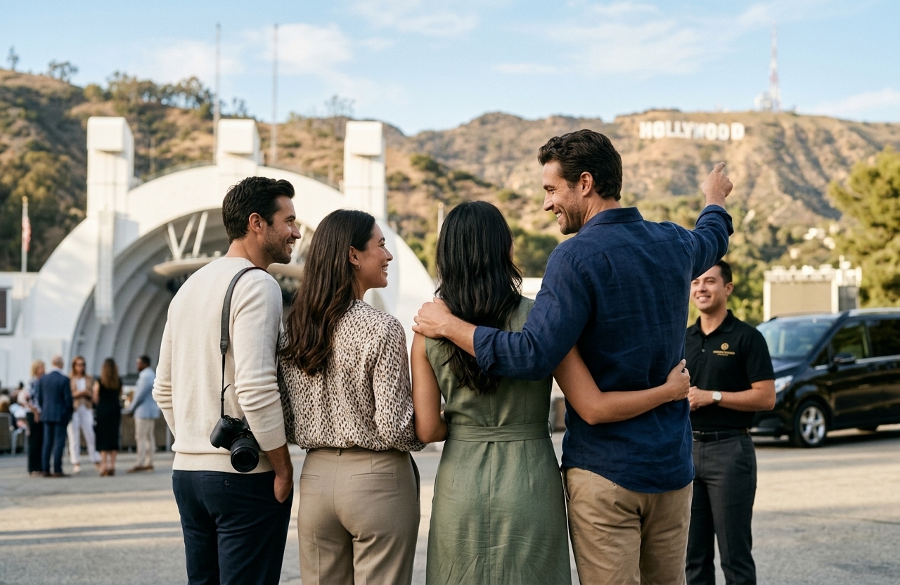 A group of four pointing to the Hollywood Sign