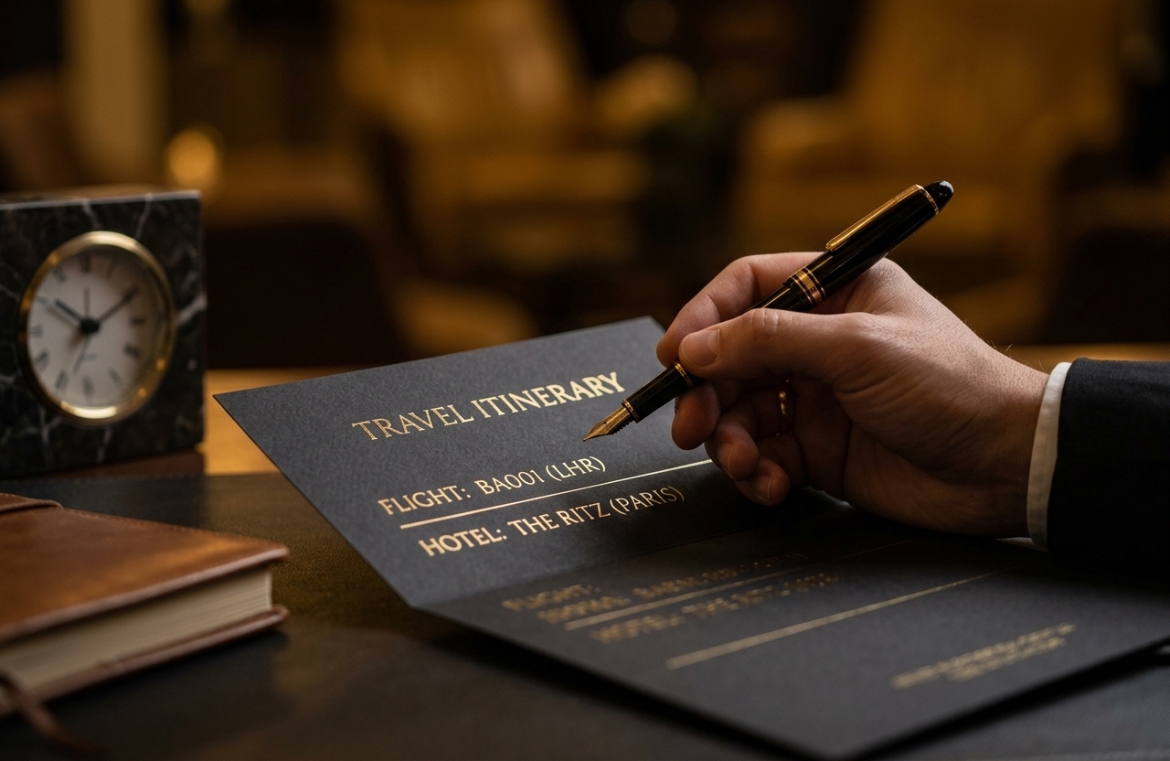 Hand holding golden pen on a black paper with gold inscriptions