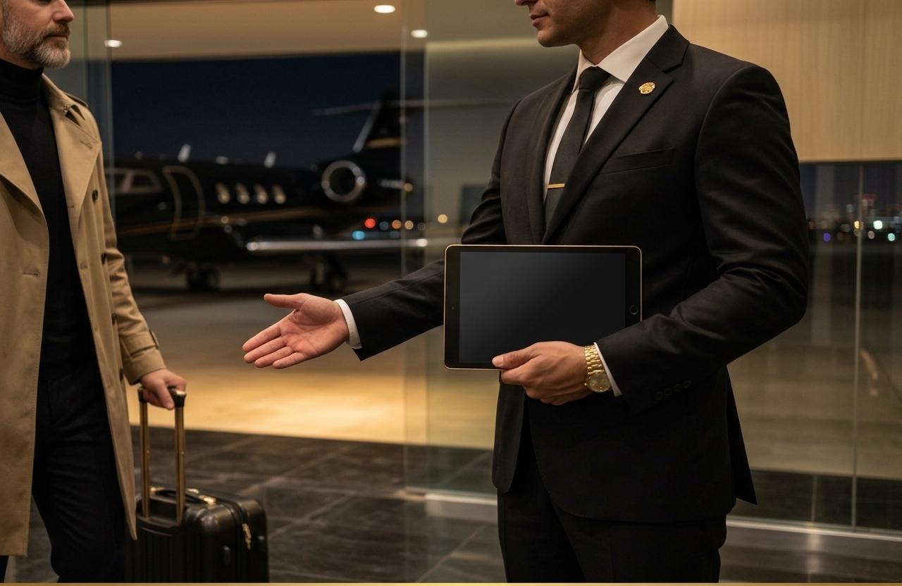 Man in black suit welcomes customer in airport